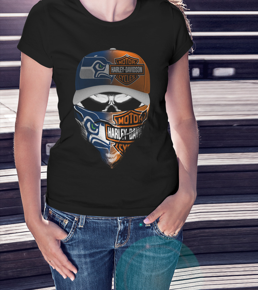 Seattle Seahawks Harley Davidson Collaboration Skull Face T-Shirt