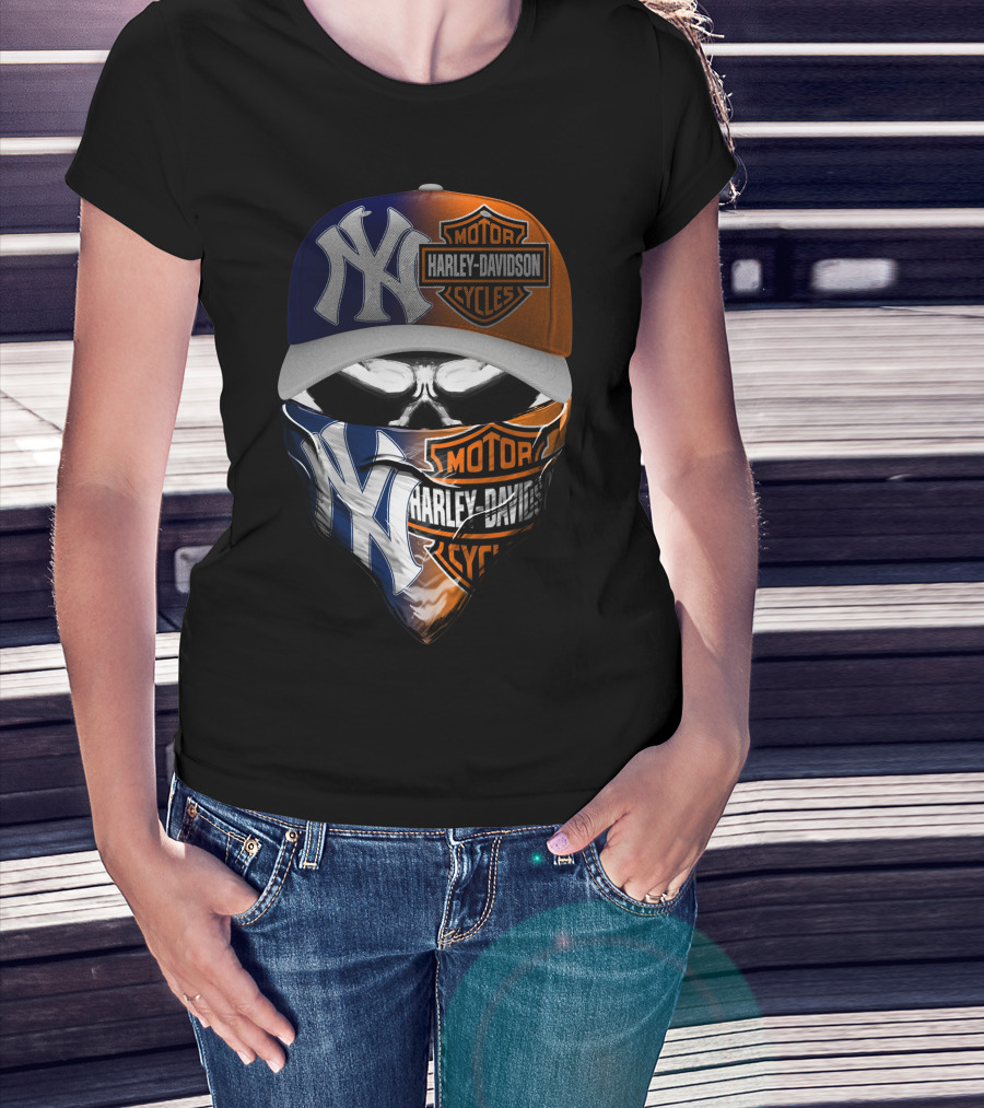 New York Yankees Harley Davidson Motorcycles Skull Mask Hat T-Shirt