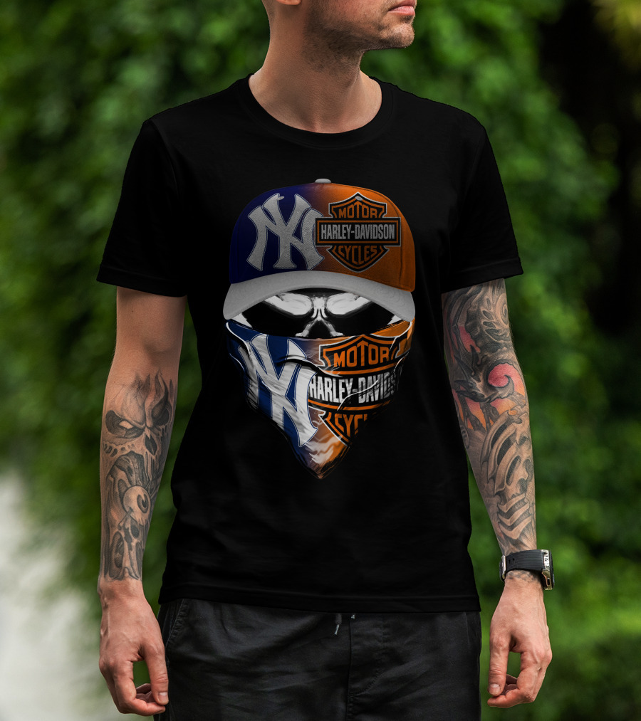 New York Yankees Harley Davidson Motorcycles Skull Mask Hat T-Shirt