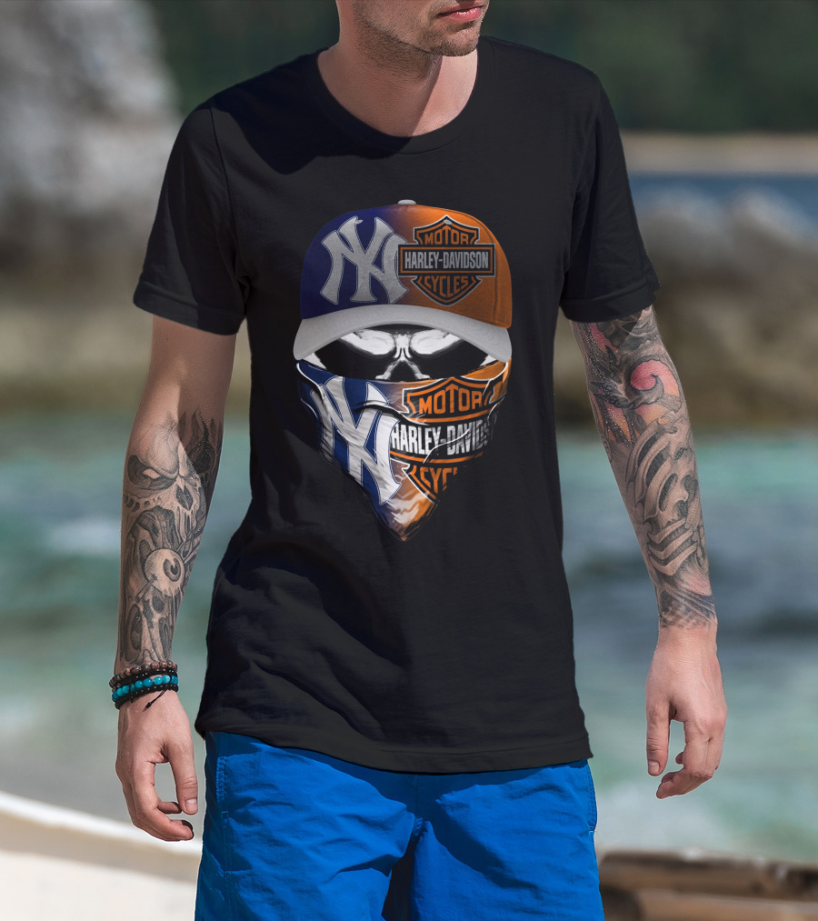 New York Yankees Harley Davidson Motorcycles Skull Mask Hat T-Shirt