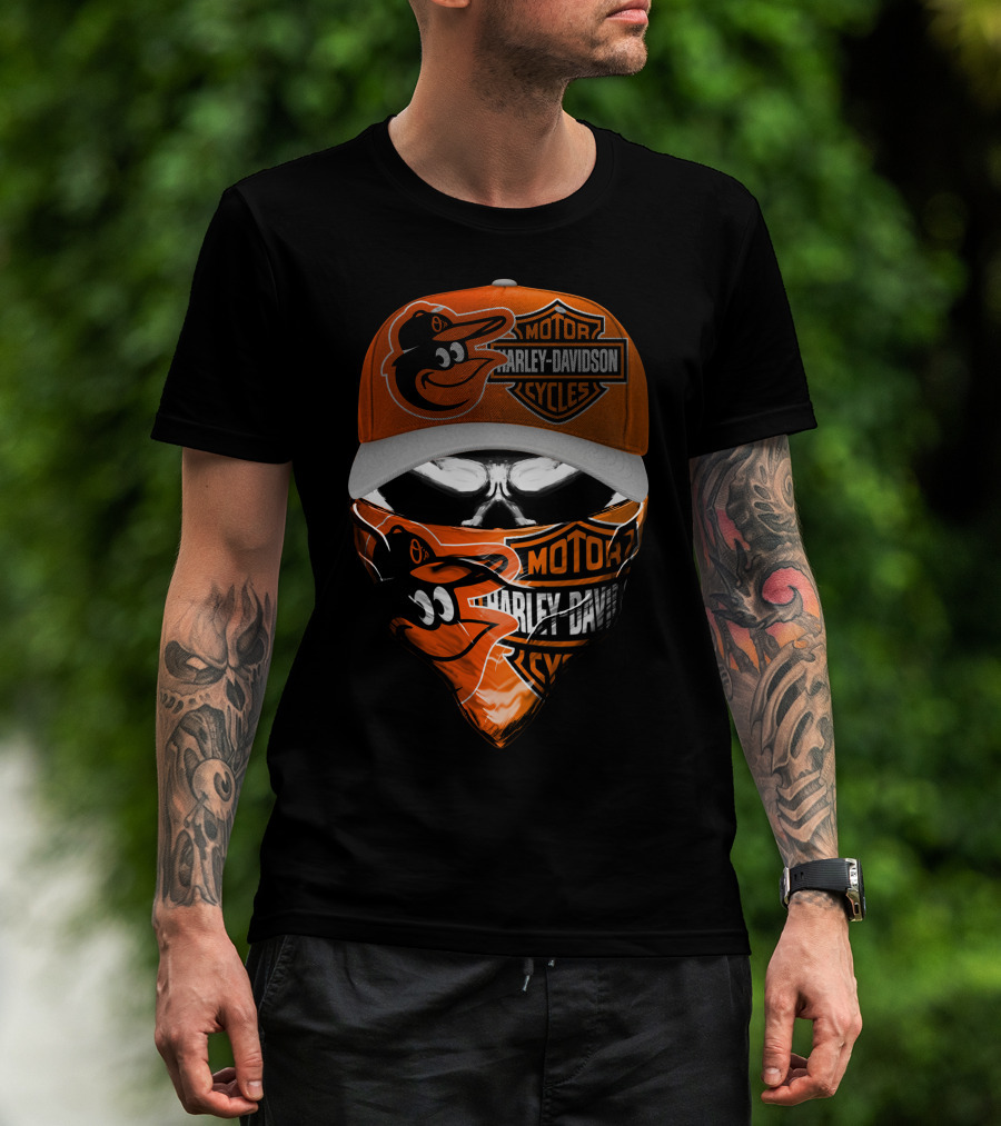 Baltimore Orioles Harley Davidson Hybrid Skulled Style T-Shirt
