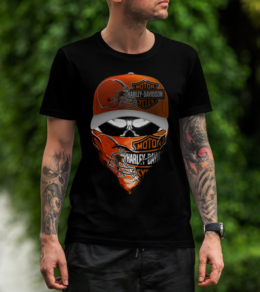 Harley Davidson Motorcycles Cleveland Browns Skull Cap And Bandana T-Shirt