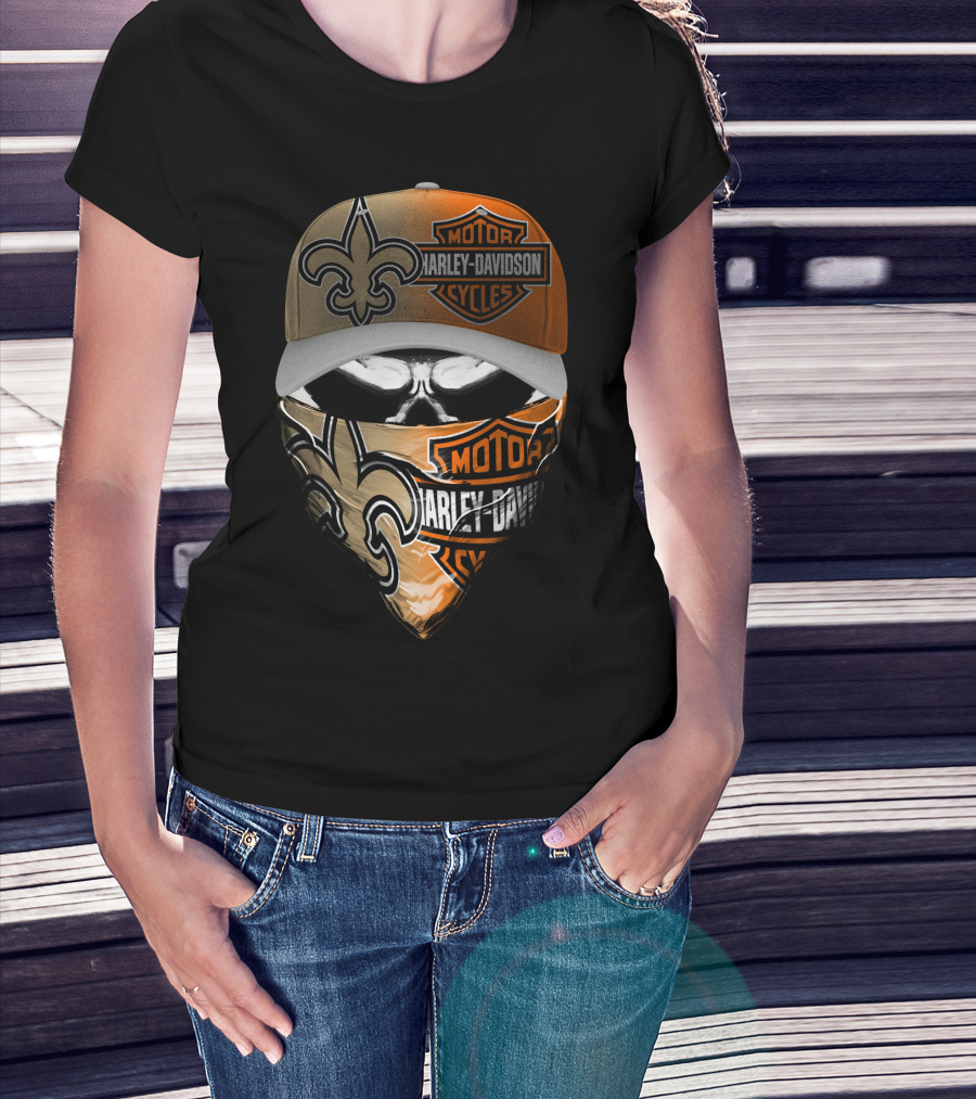 Harley Davidson New Orleans Saints Fleur-De-Lis Skull Mask Hat T-Shirt