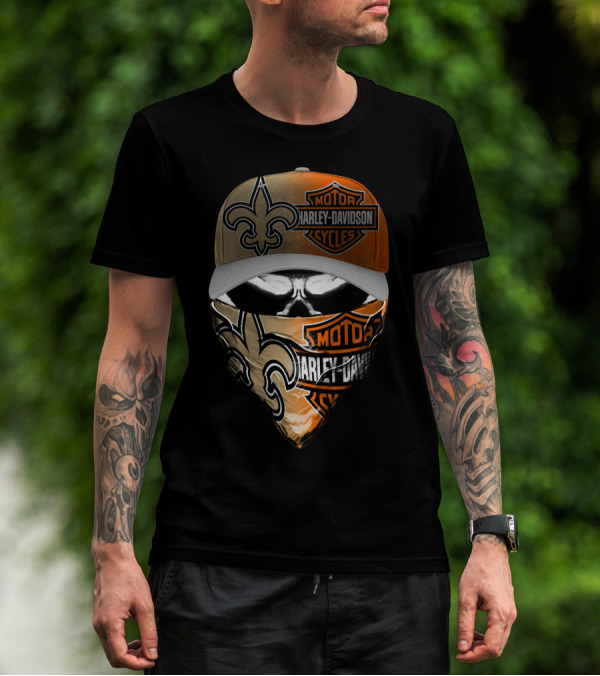 Harley Davidson New Orleans Saints Fleur-De-Lis Skull Mask Hat T-Shirt