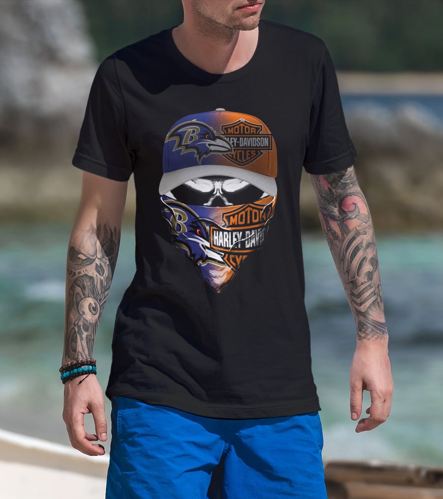Baltimore Ravens Harley Davidson Motorcycles Skull Face Cover Hat T-Shirt