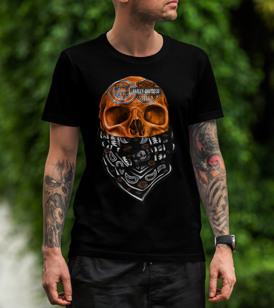 Harley Davidson Motorcycles Skull With Chicago Bears Logo Bandana T-Shirt