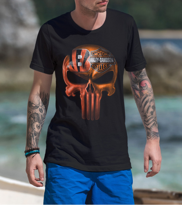 Cincinnati Bengals Harley Davidson Punisher Skull T-Shirt
