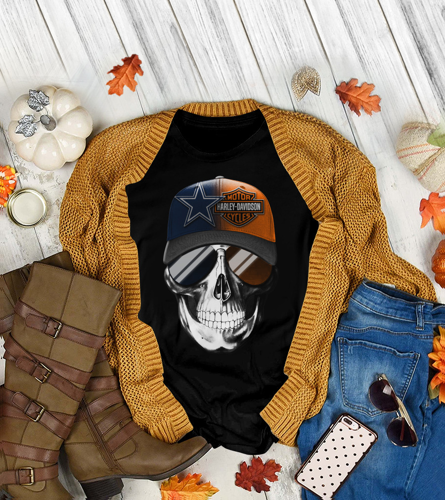 Harley Davidson Motor Cycles Dallas Cowboys Skull Hat T-Shirt