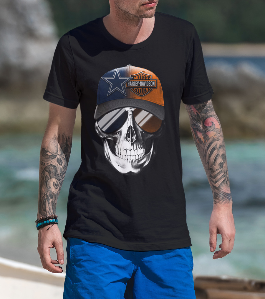 Harley Davidson Motor Cycles Dallas Cowboys Skull Hat T-Shirt