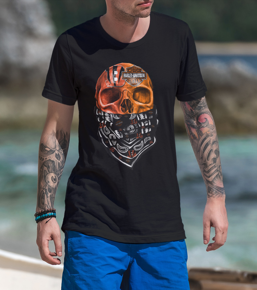 Cincinnati Bengals Harley Davidson Skull Bandana T-Shirt