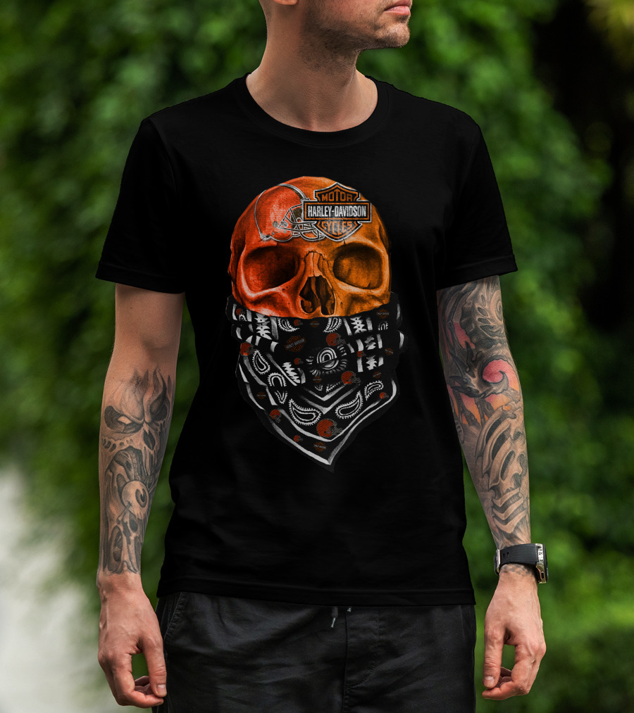 Harley Davidson Cleveland Browns Skull With Bandana T-Shirt