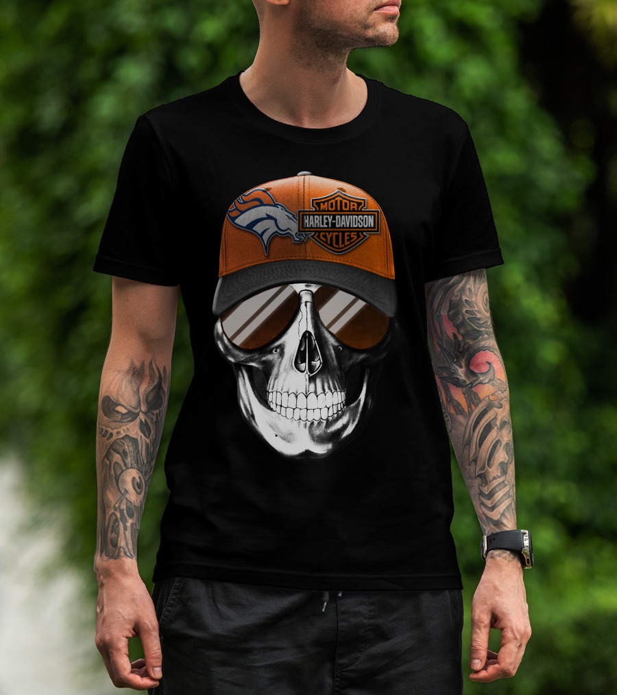Harley Davidson Motorcycles Skull With Denver Broncos Cap T-Shirt