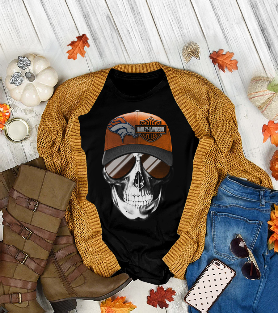 Harley Davidson Motorcycles Skull With Denver Broncos Cap T-Shirt