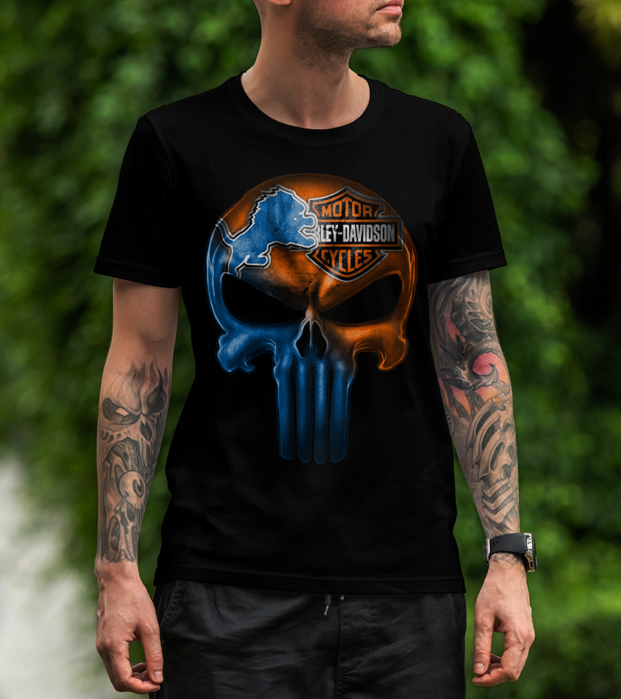 Detroit Lions Harley Davidson Motorcycles Punisher Skull T-Shirt