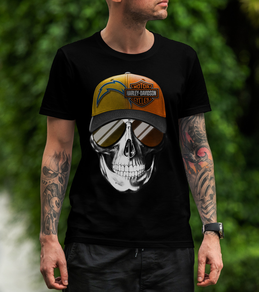 Los Angeles Chargers And Harley Davidson Motorcycle Skull Cap T-Shirt