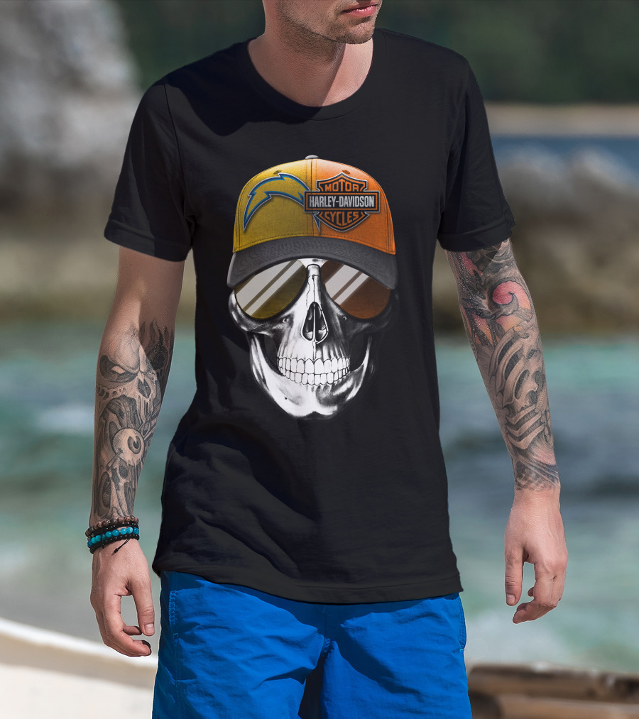Los Angeles Chargers And Harley Davidson Motorcycle Skull Cap T-Shirt