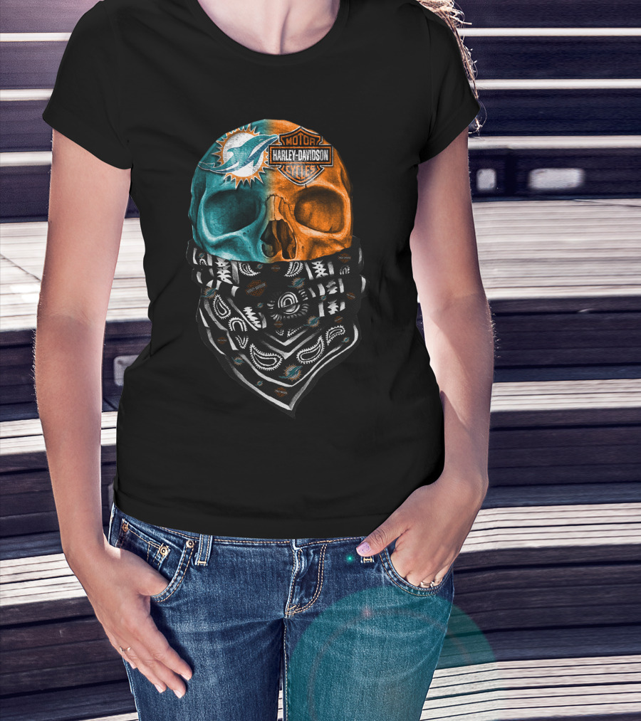 Miami Dolphins Harley Davidson Motorcycles Bandana Skull T-Shirt