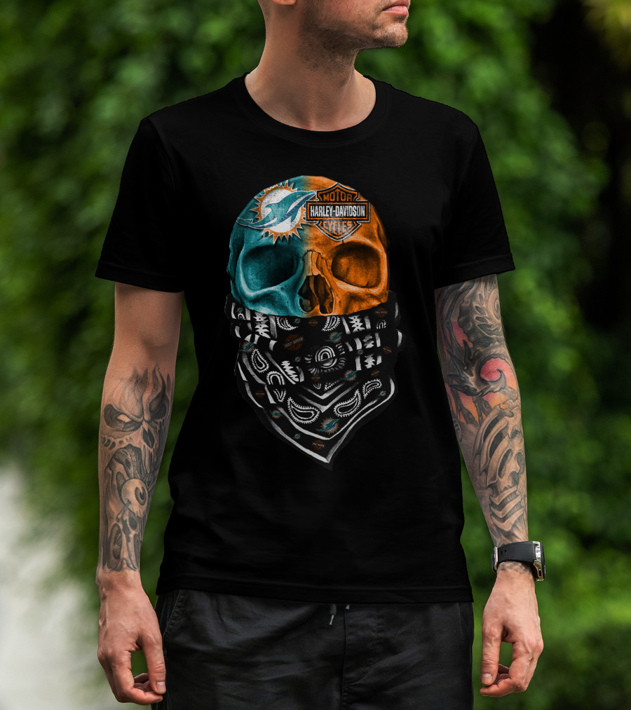Miami Dolphins Harley Davidson Motorcycles Bandana Skull T-Shirt