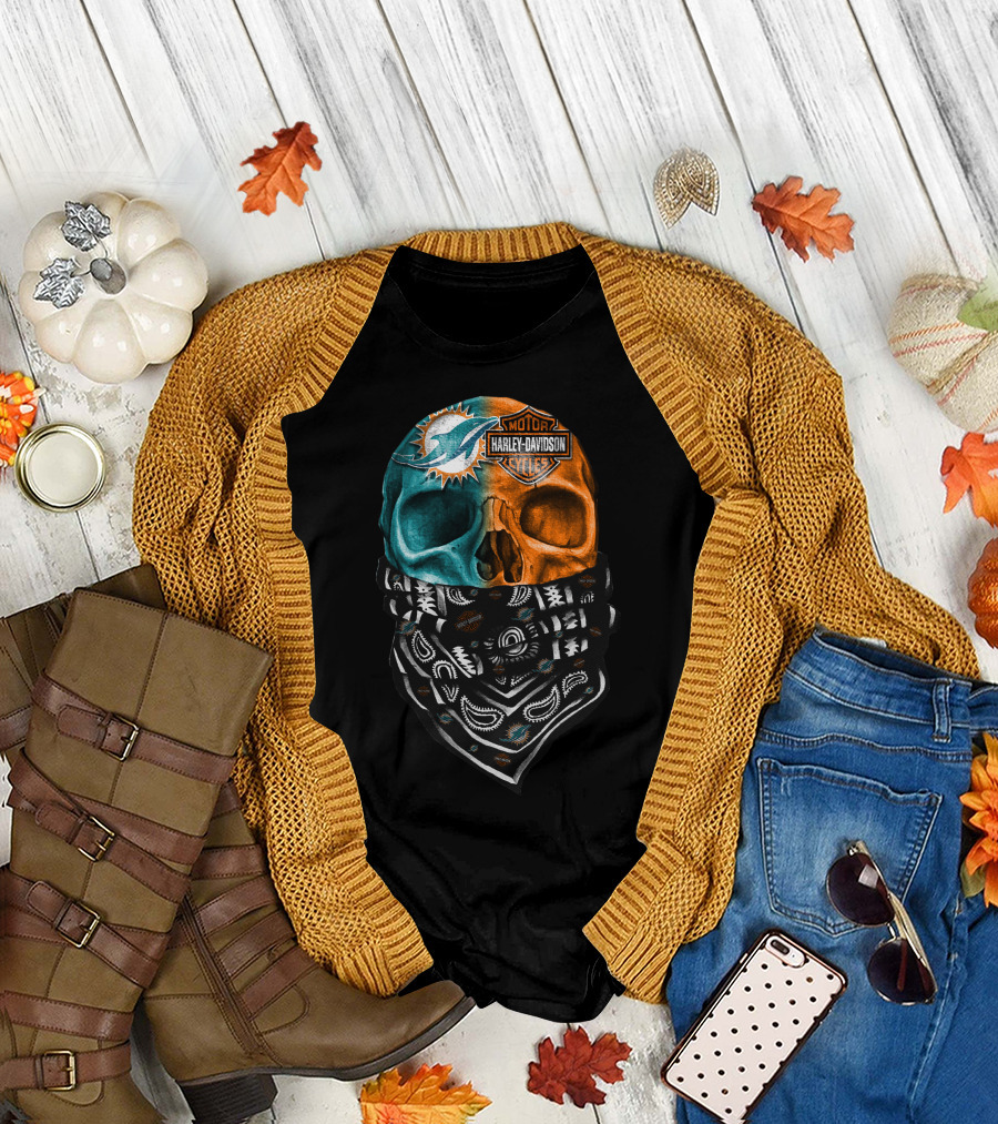 Miami Dolphins Harley Davidson Motorcycles Bandana Skull T-Shirt