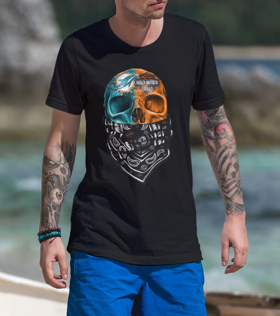 Miami Dolphins Harley Davidson Motorcycles Bandana Skull T-Shirt