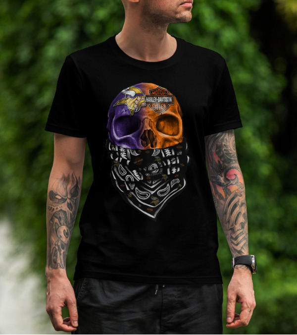 Harley Davidson Viking Skull Bandana Orange Purple T-Shirt