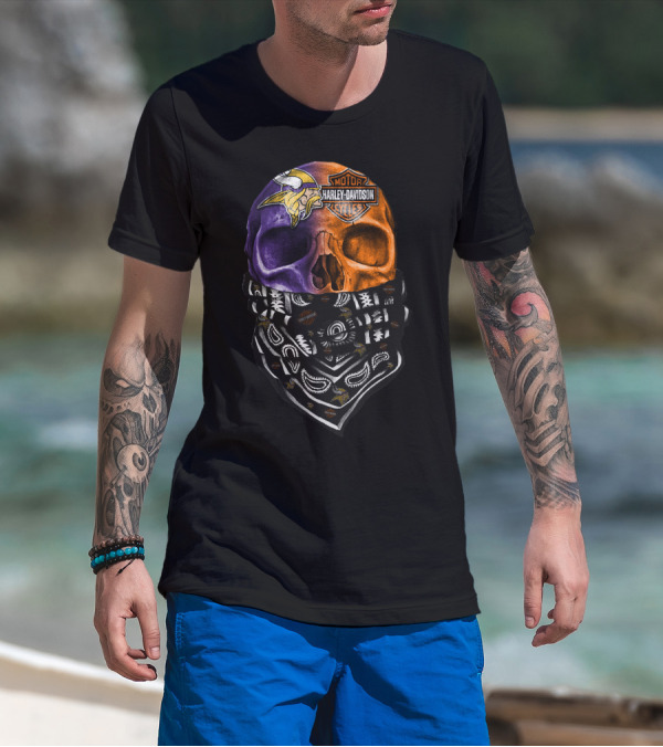 Harley Davidson Viking Skull Bandana Orange Purple T-Shirt