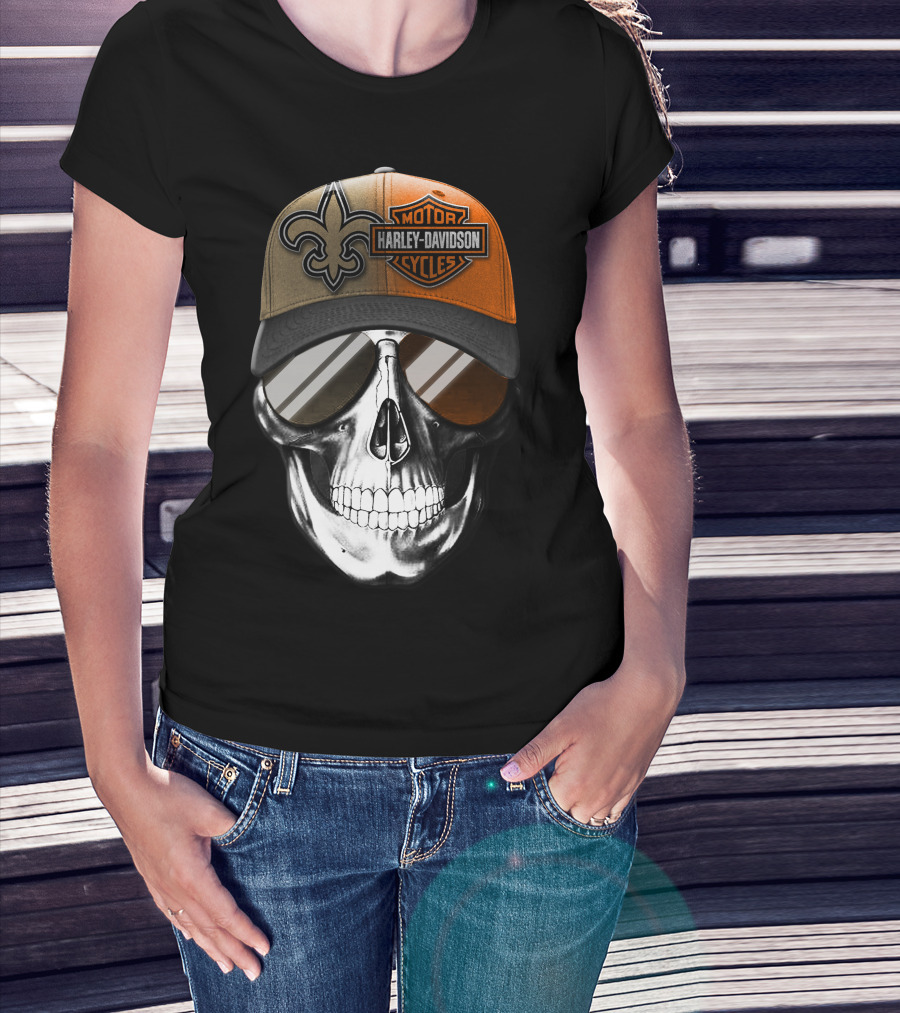 New Orleans Saints Harley Davidson Skull Hat T-Shirt