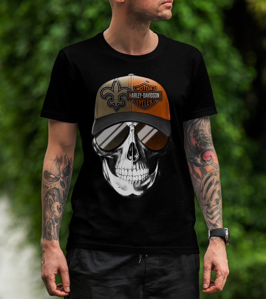 New Orleans Saints Harley Davidson Skull Hat T-Shirt