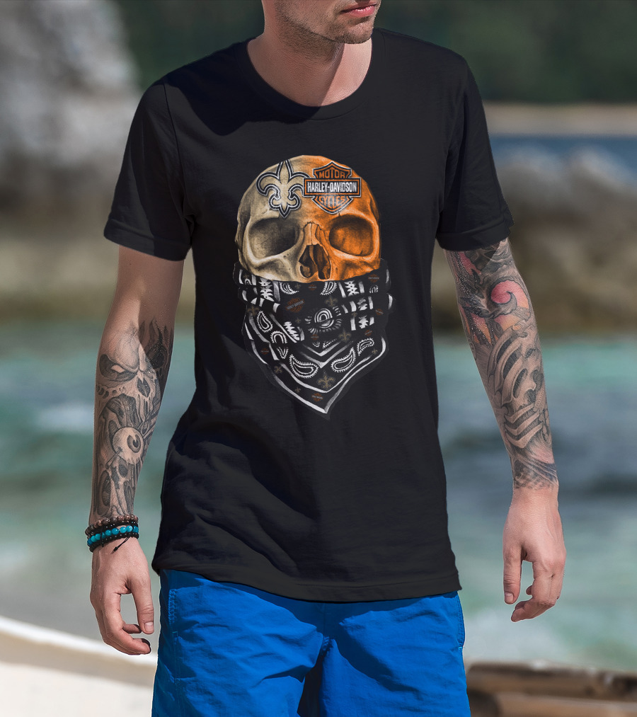 Harley Davidson Skull With Bandana And Fleur-De-Lis Symbol T-Shirt