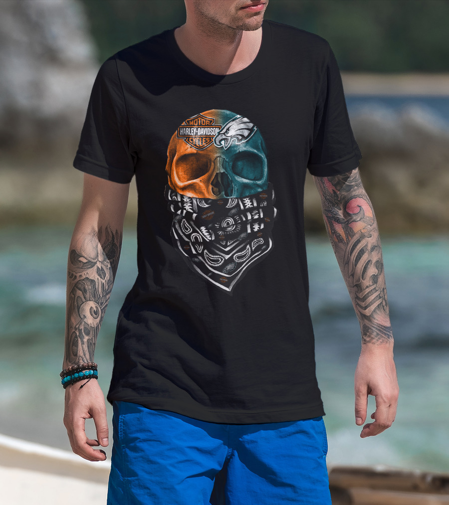 Harley Davidson Motor Cycles Philadelphia Eagles Skulls Bandana T-Shirt