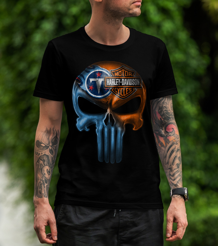 Harley Davidson Motorcycles And Tennessee Titans Logo Skull T-Shirt