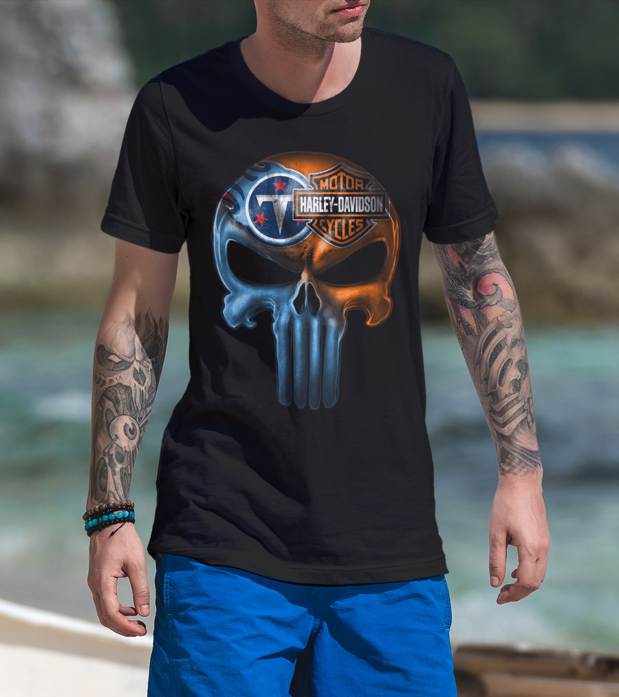 Harley Davidson Motorcycles And Tennessee Titans Logo Skull T-Shirt