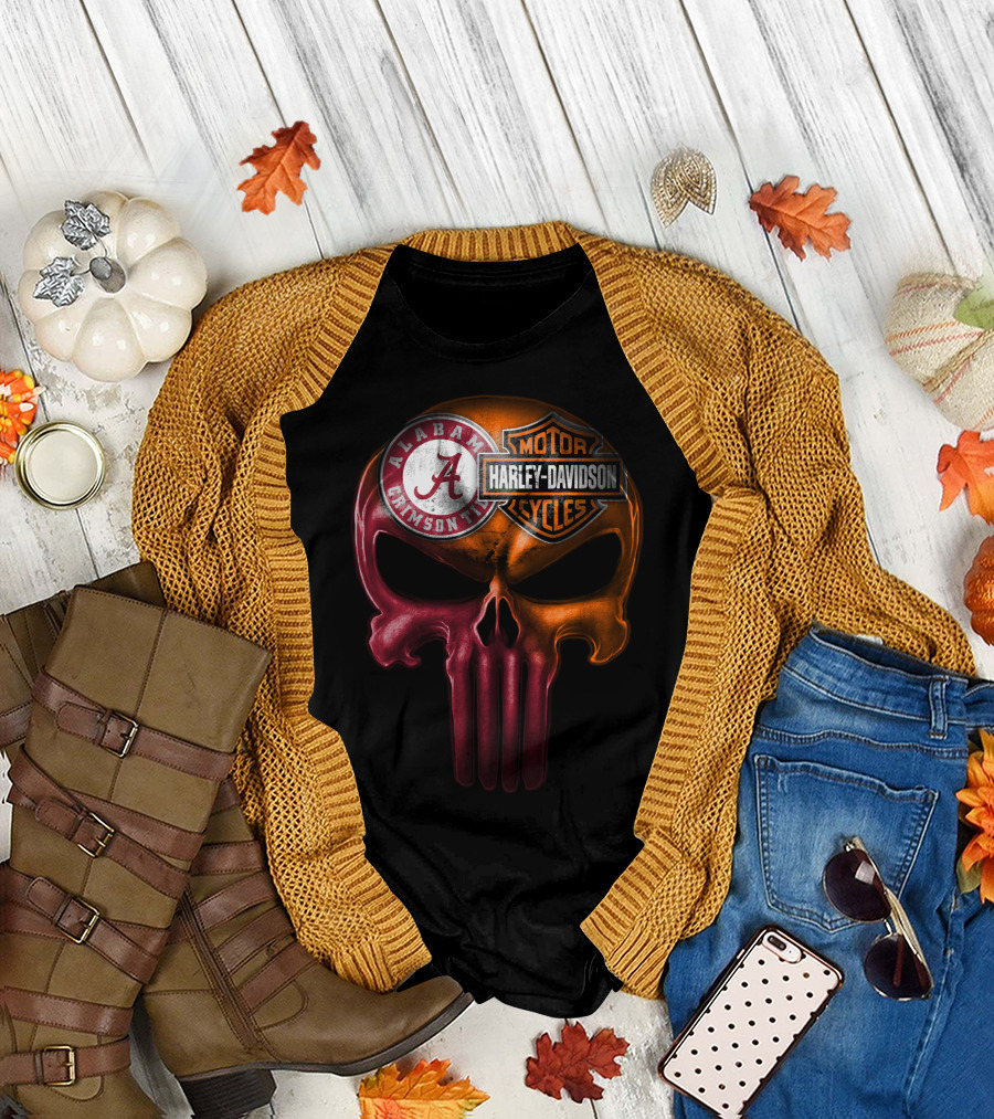 Alabama Crimson Tide Harley Davidson Punisher Skull T-Shirt