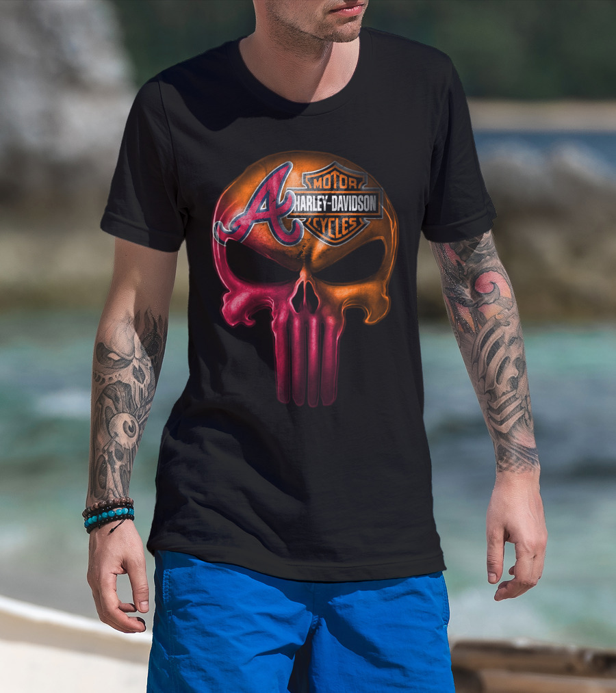 Atlanta Braves Punisher Skull Harley Davidson Motorcycles T-Shirt