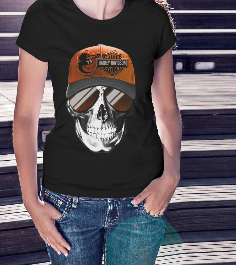 Harley Davidson Motorcycles Orioles Skull Cap T-Shirt