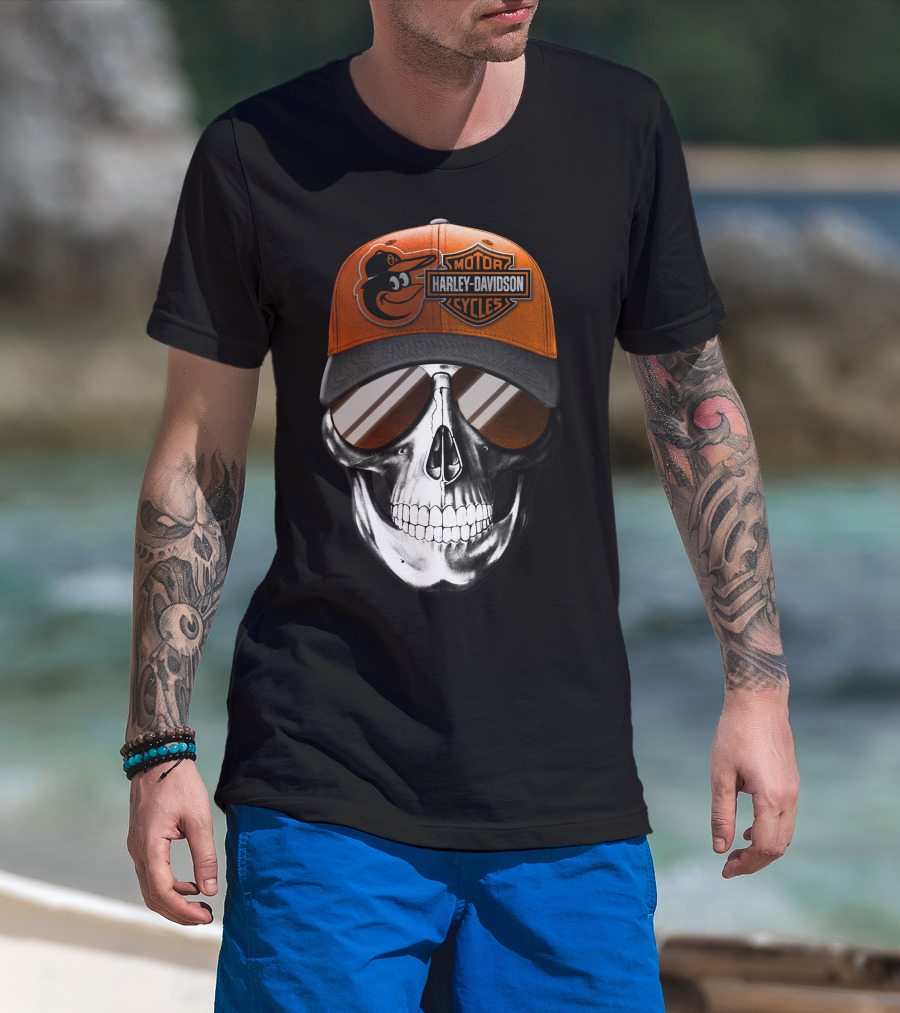 Harley Davidson Motorcycles Orioles Skull Cap T-Shirt
