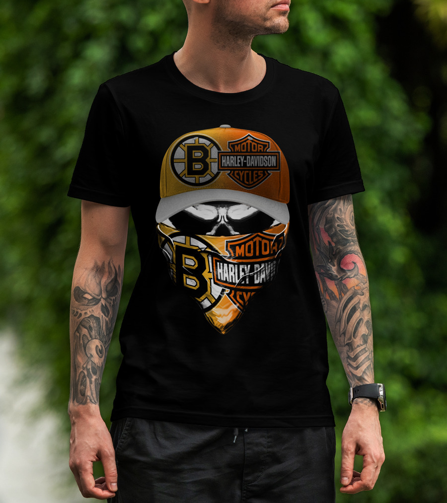 Boston Bruins Harley Davidson Motorcycles Mask And Cap T-Shirt