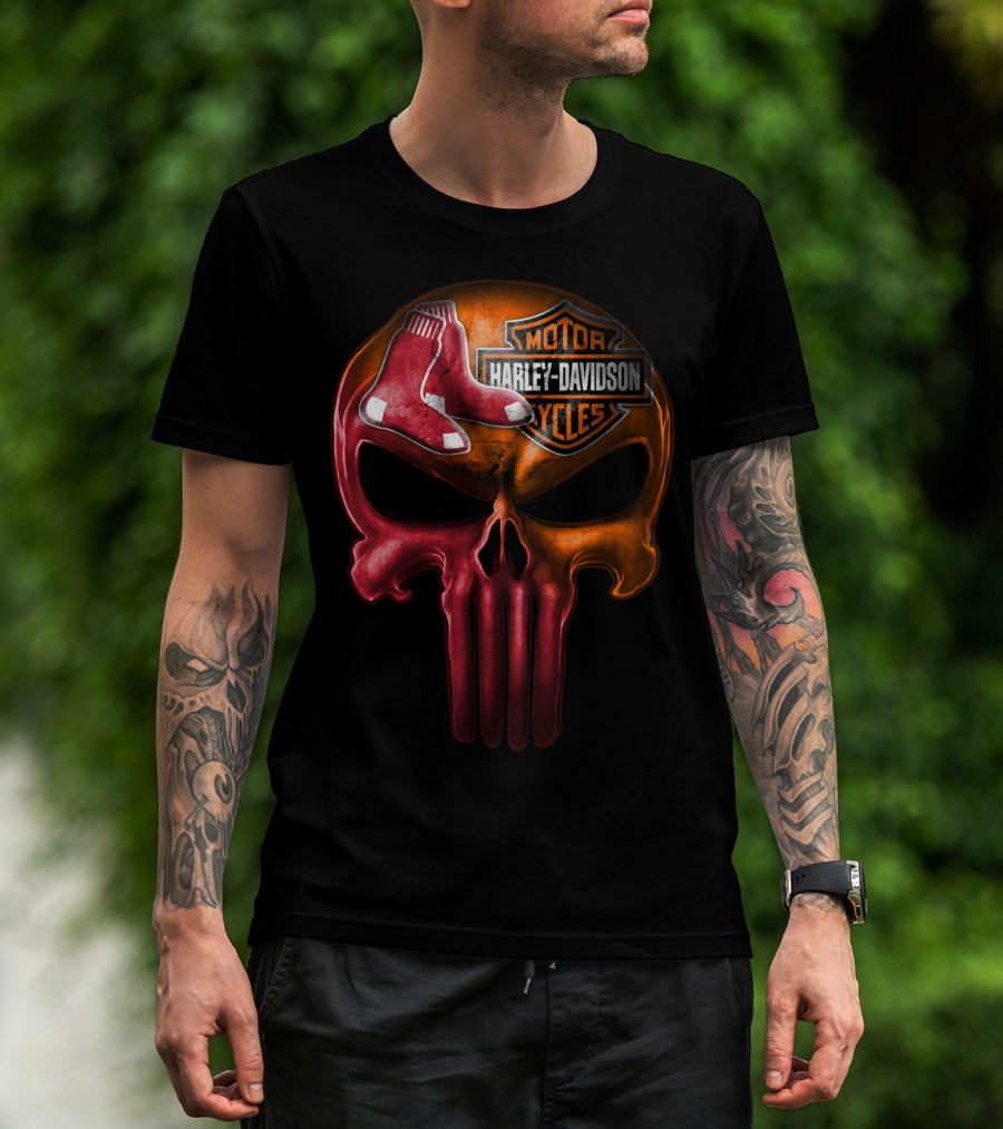 Harley Davidson Motorcycles Red Sox Logo Skull T-Shirt