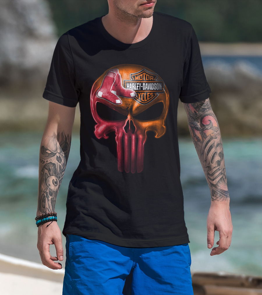 Harley Davidson Motorcycles Red Sox Logo Skull T-Shirt