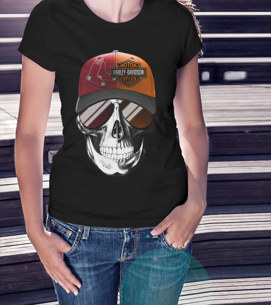 Harley Davidson Red Sox Skull Hat T-Shirt