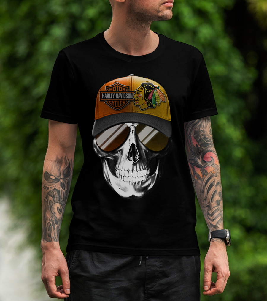 Harley Davidson Chicago Blackhawks Skull Cap T-Shirt