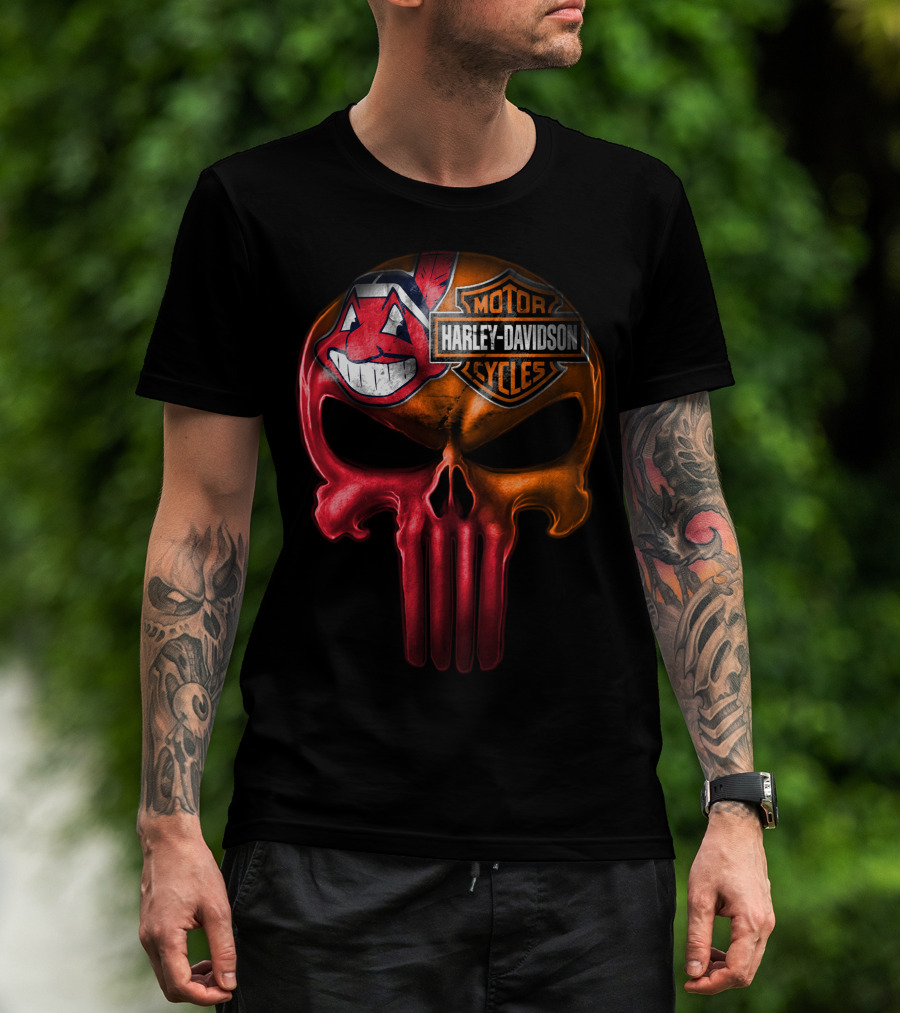 Harley Davidson Skull With Cleveland Indians Chief Wahoo Crossbones T-Shirt