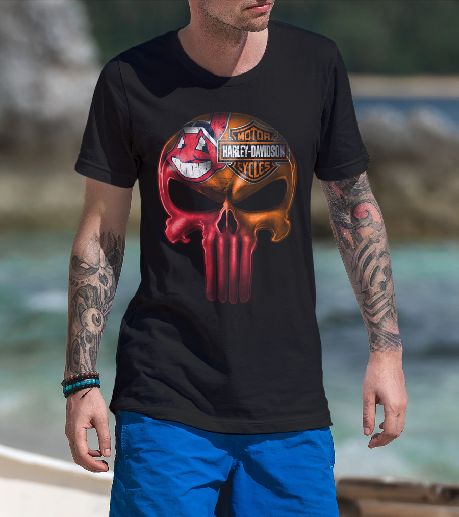 Harley Davidson Skull With Cleveland Indians Chief Wahoo Crossbones T-Shirt