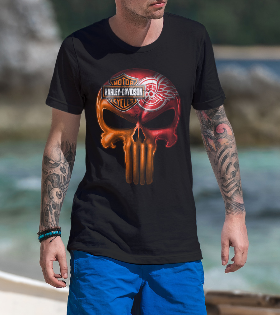 Harley Davidson Motorcycles Detroit Red Wings Punisher Skull T-Shirt