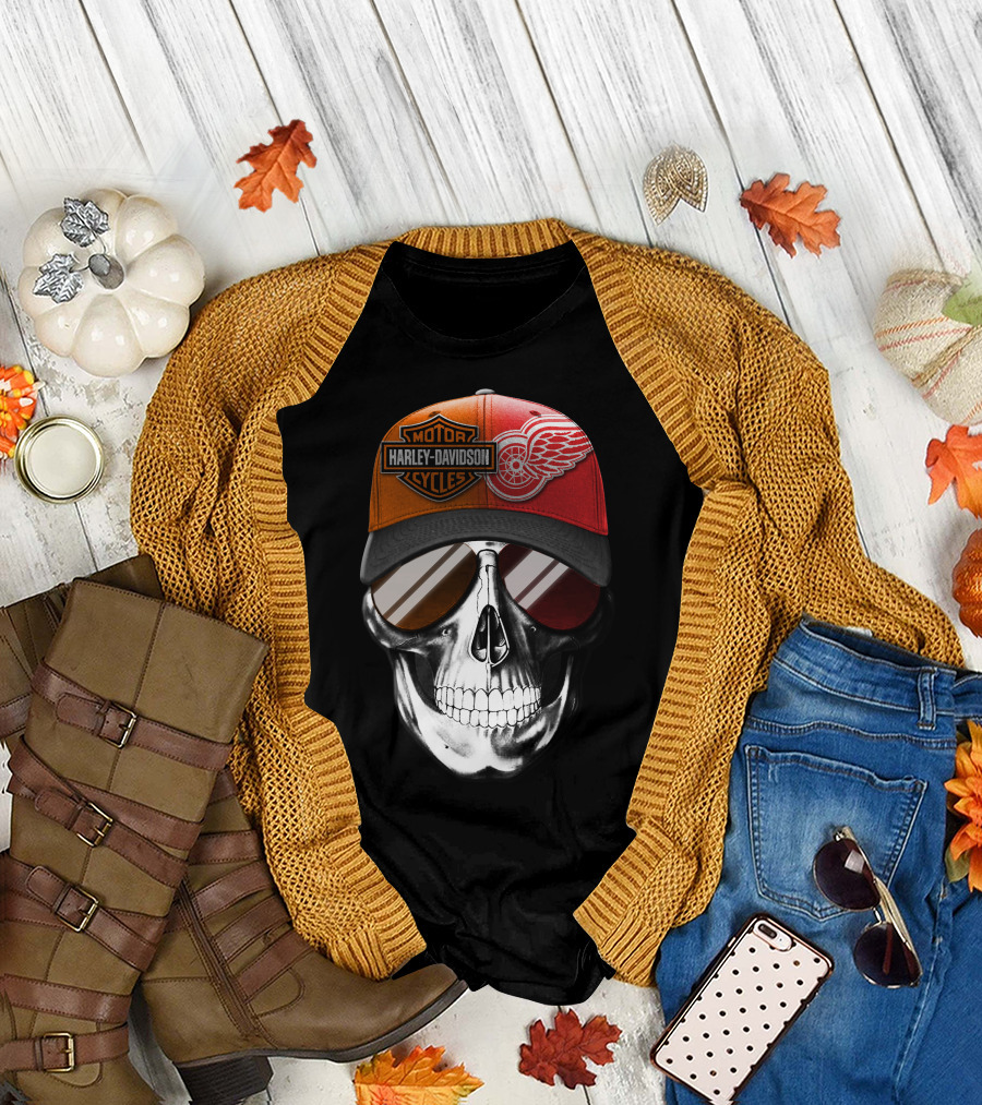 Harley Davidson Motor Cycles Red Wings Skull Cap T-Shirt