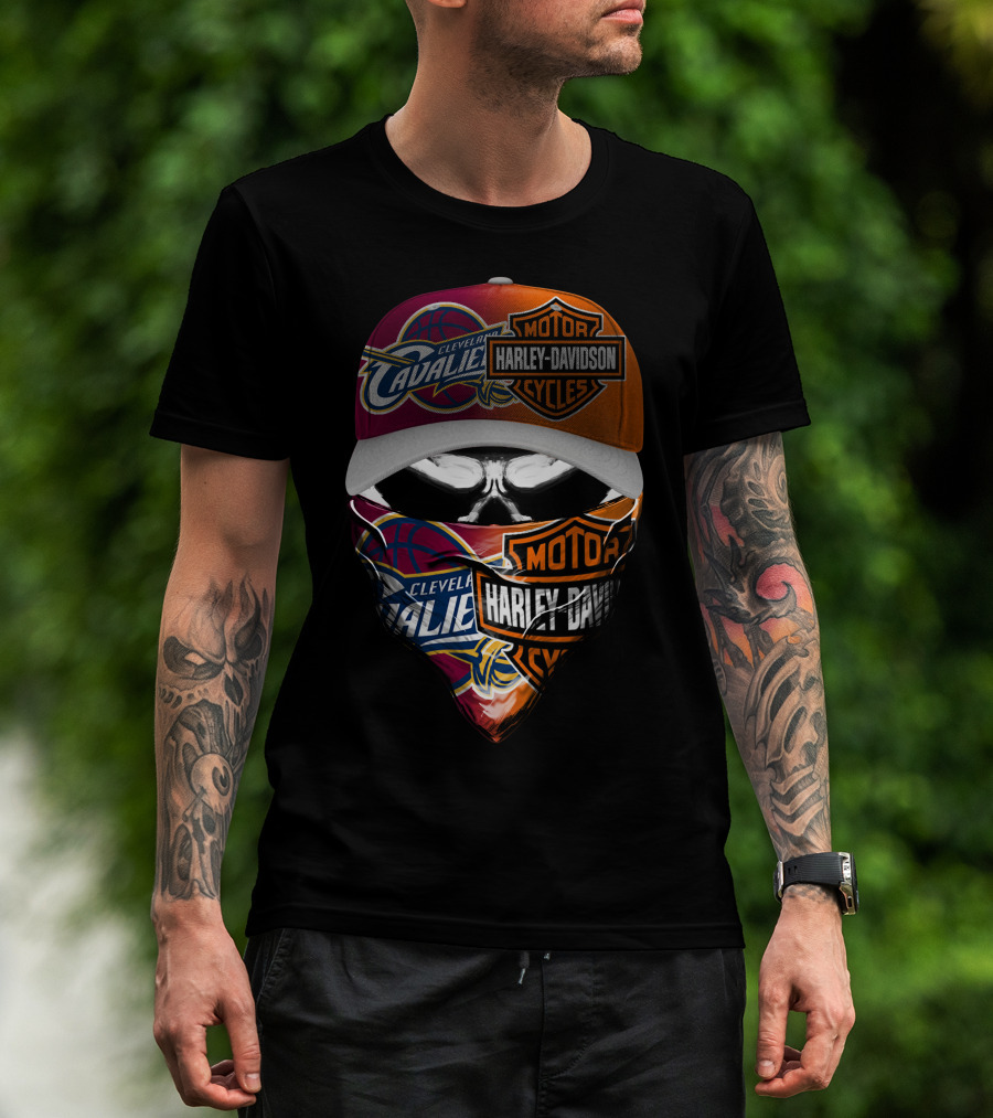 Cleveland Cavaliers Harley Davidson Cyclist Skull Face Mask And Cap T-Shirt