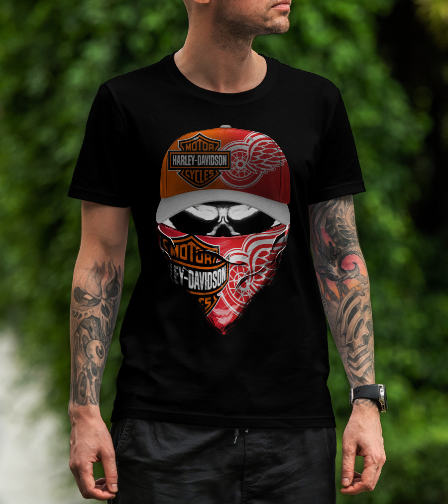 Harley Davidson Detroit Red Wings Bandana Hat Skull T-Shirt