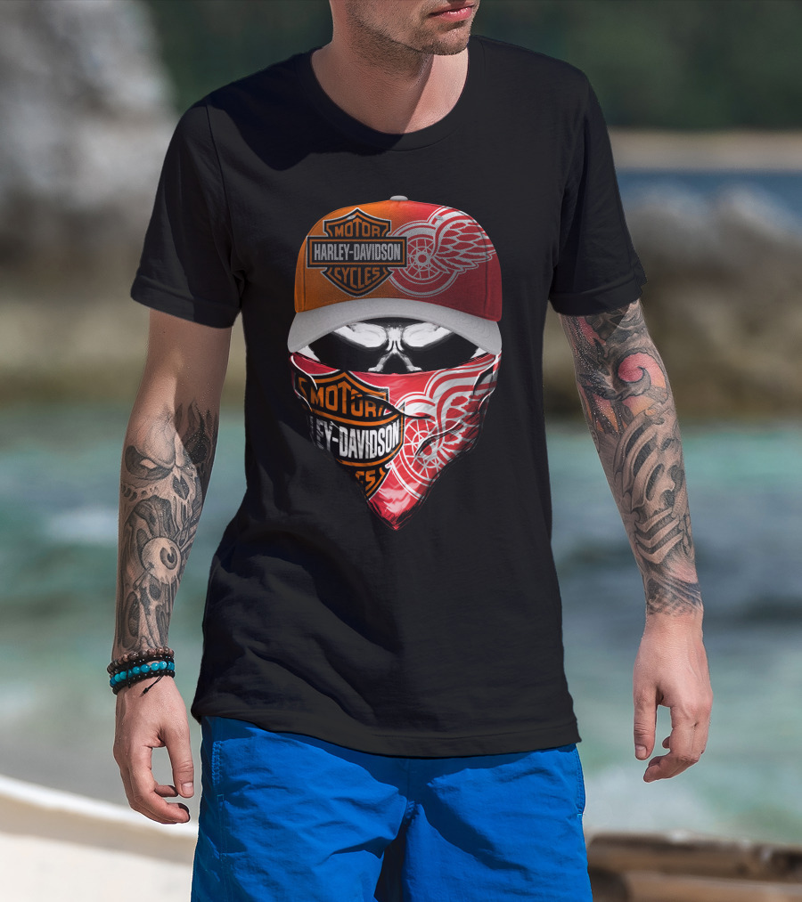 Harley Davidson Detroit Red Wings Bandana Hat Skull T-Shirt