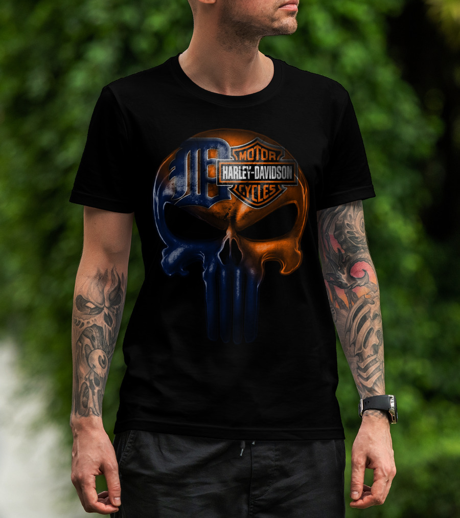 Harley Davidson Motorcycles Skull With Detroit Tigers T-Shirt
