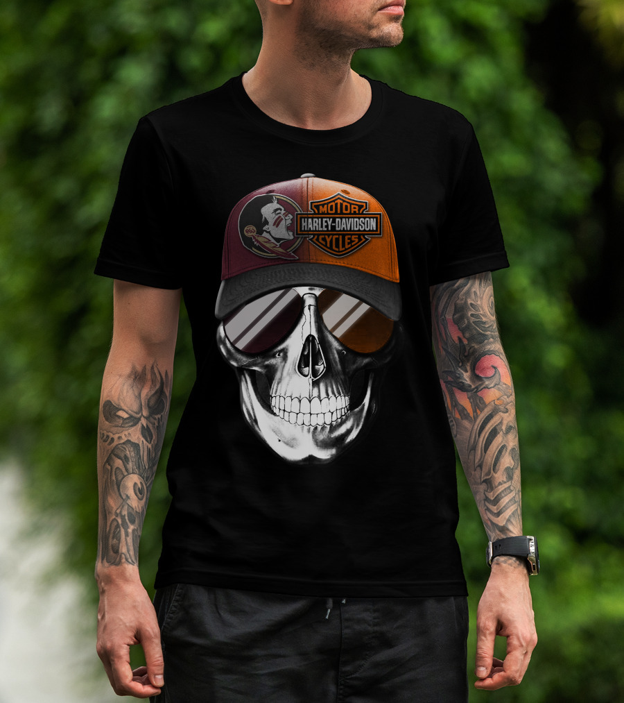 Harley Davidson Motor Cycles Logo Skull With Feathered Logo Cap T-Shirt